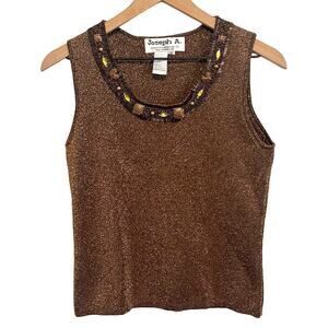 Joseph A Womens Metallic Top Medium Brown Gold Beaded Embellished NYE Sleeveless